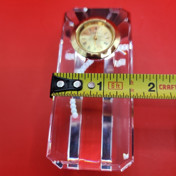 Desk Clock Crystal Cut Glass Paperweight Camry Gold Tone Triangular Column Nice! - Picture 4 of 12